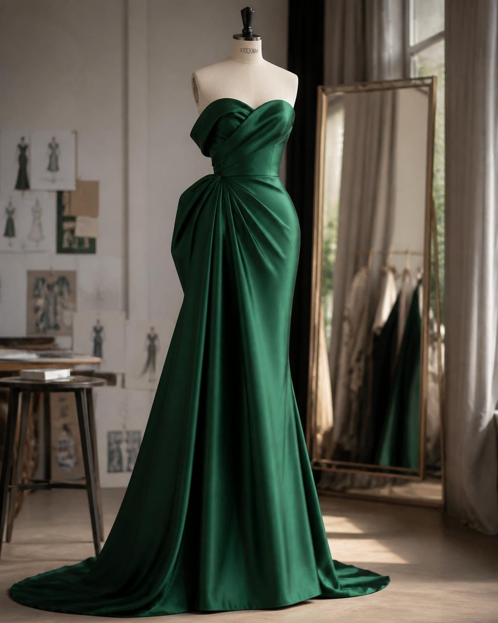 Emerald silk evening gown on a mannequin